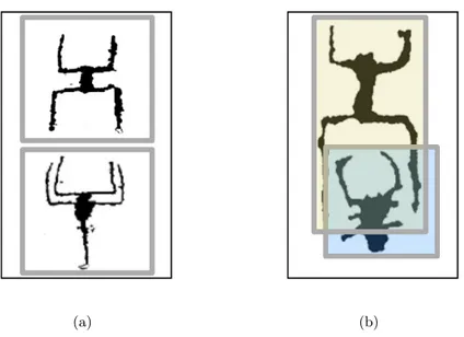 Figure 3.4: A petroglyph scene containing the god and the goddess (a), and an example of interpretation of the overlap-north relationship between the mother goddess and the bull (b) [32].