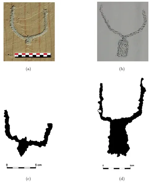 Figure 4.1: A picture of a bovine engraving of the Mont Bego (a), a picture of a bovine relief made by Bicknell on botanic sheet (b), two digitalized reliefs made by de Lumley’s team (c) and (d).