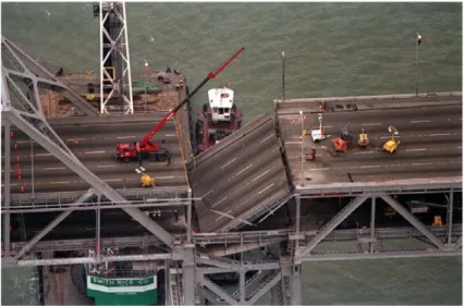 Figure 2.3: Oakland Bay Bridge: a collapsed portion of the upper deck.   (Nakata et al