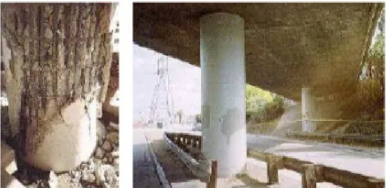 Figure 2.6: Failure of the column due to the failure of circular confinement steel (left);  good behaviour of column retrofitted (right)