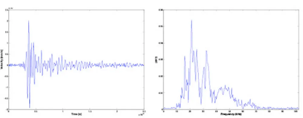 Fig. 3.7 - Signal recorded corresponding to a measure point of the laser vibrometer (left)  and  corresponding  Fourier Transform (right)