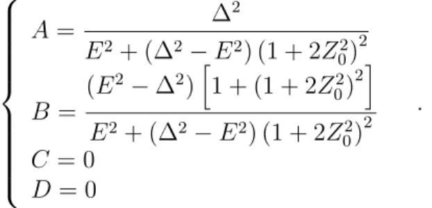 Figure 2.2: Plots of the probability amplitudes associated with Andreev re- re-flection A (full line), normal rere-flection B (dashed line), transmissions as ELQ C (dotted line) and as HLQ D (dot-dashed line)