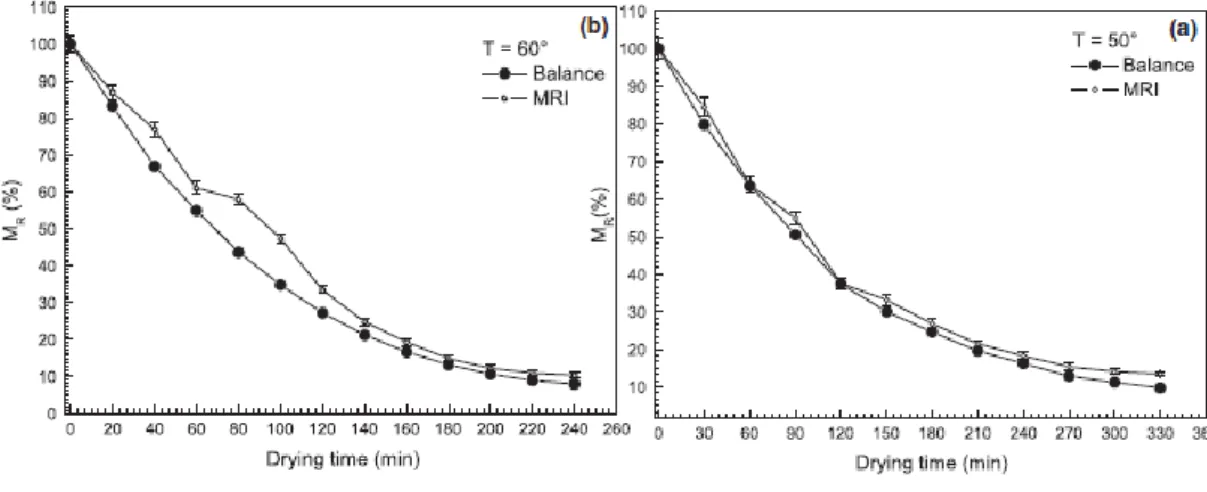 Figure  36  Moisture  ratio  (%)  of  samples  during  drying,  obtained  by  gravimetric  method  and  MRI  at 