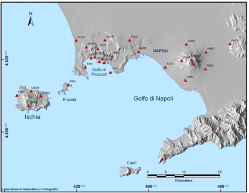 Figure 1.9: Neapolitan Volcanic Continuous GPS monitoring network (from http: //www.ov.ingv.it/ov/attivita-recente-di-ischia/212.html)