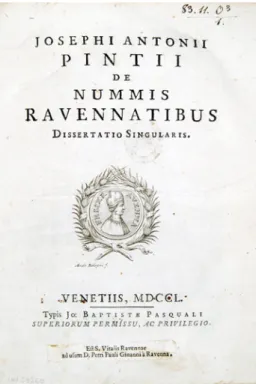 Fig. 12: Frontespizio di Pinzi,  De nummis Ravennatibus, Ravenna 1750.