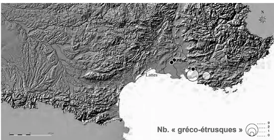 Fig. 3 – Luoghi di provenienza delle serie cosiddette  “greco-etrusche” (da Py 2006, II, p