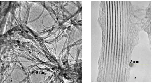Figure  I.13  TEM  images  of  carbon  nanotubes  produced  by  laser  ablation  method  (a); tube wall particular  (b)