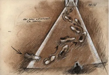 Figura 6. La sequenza delle “Scarpe” in un disegno inedito di Paolo Rosa. Fonte: Archivio privato Stefano Gargiulo,  Milano 2004