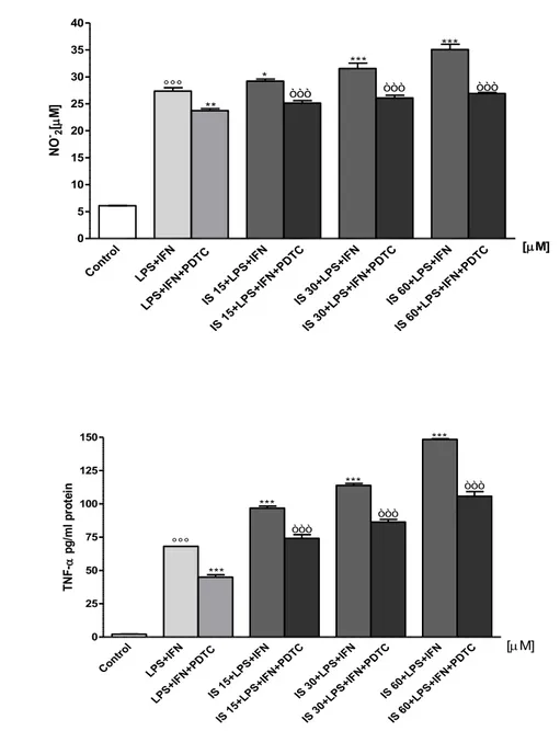 Figure 4.2 B,C: Effect of IS (15-60 μM) on NO (Panel B), TNF-α (Panel C)  production in C6 cells in presence of PDTC