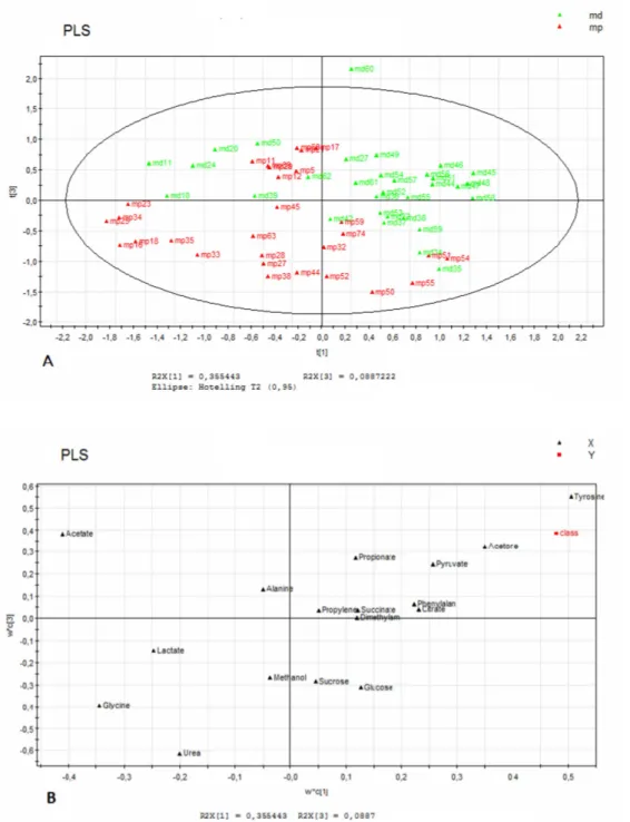 Fig. 4  PLS-DA score scatter plot (A) and loading scatter plot (B) for the  1 H NMR data collected  in 1D NOESY spectra of human male SGT saliva using 17 measured metabolites from 30 male  SGT  patients  and  30  male  donors