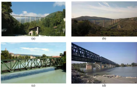 Figure 1.5: Examples of beam bridges (a-b) and truss bridges (c-d): (a) Pis- Pis-tolesa viaduct, Mosso, Italy; (b) Costanzo bridge on the Irminio river, Italy;