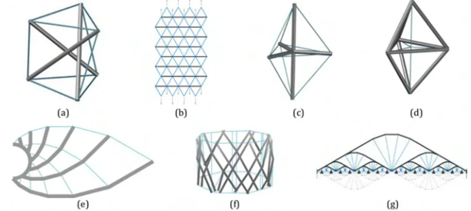 Figure 1.6: Illustration of some basic building blocks of tensegrity structures: (a): minimal tensegrity prism; (b): tensile unit, (c) T-bar unit; (d) D-bar unit; (e): Michell truss; (f) cylindrical unit; (g) bridge unit