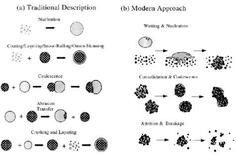 Figure II.2 Formation mechanisms of the granules: (a) traditional 