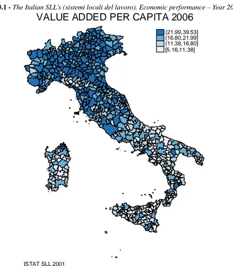 Fig. 3.1 - The Italian SLL's (sistemi locali del lavoro). Economic performance – Year 2006