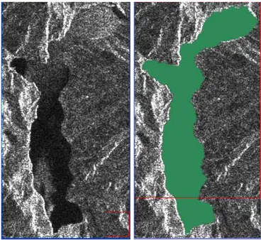 Figure 4.4 ERS-2 SAR image acquired on 12 January 2002: on the right the water  mask is delineated