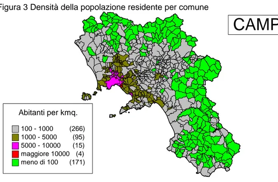Figura 3 Densità della popolazione residente per comune    Abitanti per kmq. 100 - 1000   (266) 1000 - 5000   (95) 5000 - 10000   (15) maggiore 10000   (4) meno di 100   (171) CAMPANIA