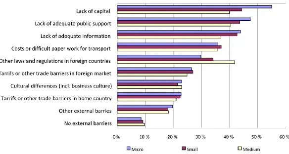 Fig.  7  -  Barriers  related  to  the  business  environment  for  the  enterprises  in  EU-EEA  markets, by size class (percentage of SMEs that state important)