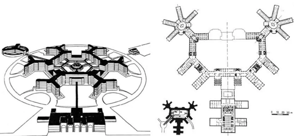 Fig. 1. 15 - Fig. 1. 16 : Ospedale Civile di Brescia, 1950- Città ospedaliera di Lilla, 1953 (Fonte:  Campolongo S., 2006)