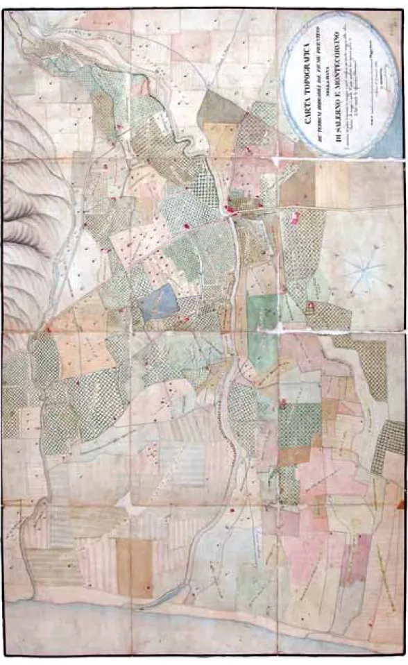 Fig. 2 - Giovanni Rosalba, Pianta topografica de’ terreni irrigabili dal fiume Picentino nella Piana di Salerno e Montecorvino, 1834, Archivio di Stato di Salerno.
