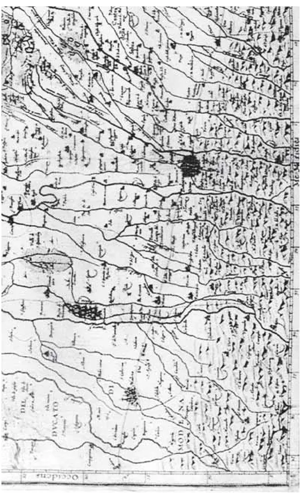 Fig. 2 - Stralcio del Territorio Bolognese da Giovanni Antonio Magini, L’Italia, Bologna, 1620: la via Emilia (Biblioteca di Geografia dell’Alma Mater Studiorum - Università di Bologna).