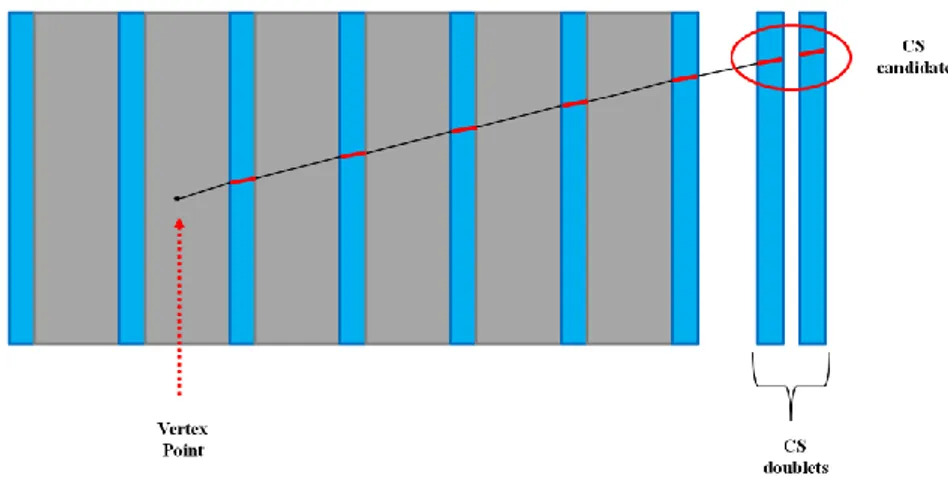 Figure 3.9: Scan Back procedure: CS candidates are searched in the brick. Emulsion films are in blue, while the lead 