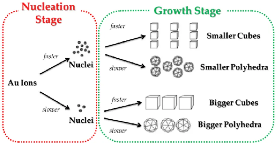 Figure  1.3:  Influence  of  the  rates  of  nucleation  and  growth  stage  in  nanoparticles  formation
