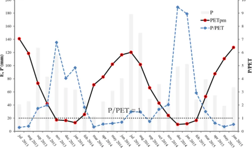Figure  3.2  Monthly  patterns  for  precipitation  (P),  eddy  covariance  actual  evapotranspiration  (AETec),  Penman-Montheith  potential  evapotranspiration  (PETpm)  and  Budyko  aridity  index  (P/PET)