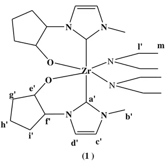 Figure 12. Bis(imidazolidene-N-methyl-N'-cyclopentenyl-2-alkoxy) diamide –zirconium  complex  N N HOH 2) Zr[N(C 2 H 5 ) 2 ] 4   THF, -78°C1) KN[Si(CH3)3]2   THF, -78°CI -(L1) (1)ZrO N NNNONN