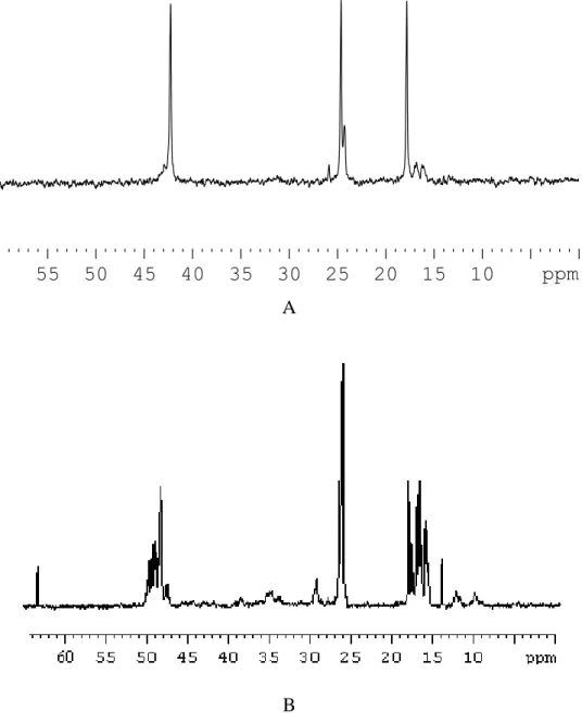 Figure 33.  13 C NMR spectra of hexane soluble fraction (A) and hexane insoluble fraction  (B) of polypropylene obtaining with complex 1