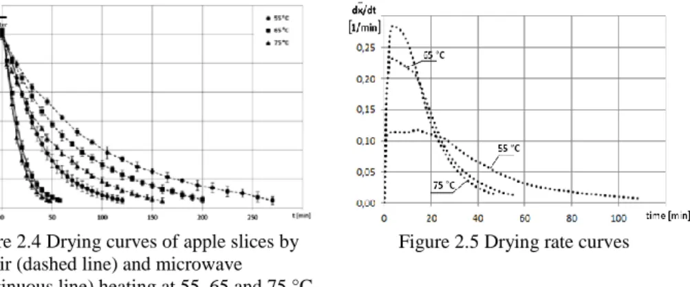 Figure 2.4 Drying curves of apple slices by  hot air (dashed line) and microwave 