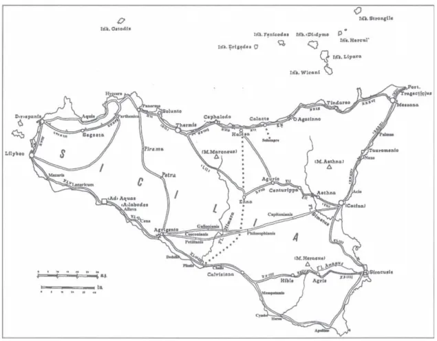 Fig. 28 La viabilità romana in Sicilia secondo la Tabula Peutingeriana e altre fonti itinerarie             (UGGERI 2007, p