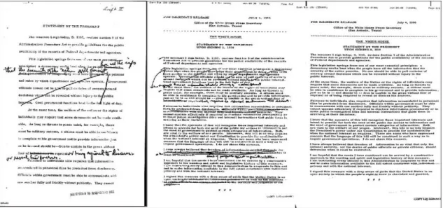 Fig. 5. La dichiarazione scritta con le correzioni fatte a mano dal presidente LBJ, il comunicato della Casa Bianca con  le modifiche di Bill Moyers e il comunicato stampa finale