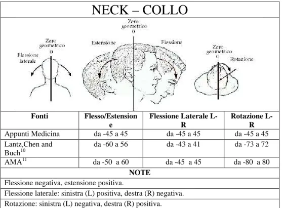 Tabella 3.1 a; Range of Comfort del collo, raccolti dalle fonti bibliografiche. 