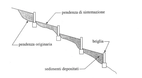 Figura 1.1.1  Sistemazione di alveo mediante briglie  con profilo del fondo a gradoni 