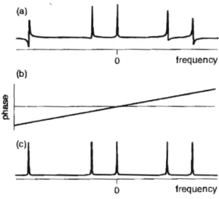 Figura 1.7: Esempio di rifasamento del segnale FID: in (a) il segnale affetto dall’errore, in (b) l’andamento in fase del filtro sfasatore ed infine il risultato dopo il rifasamento (c).