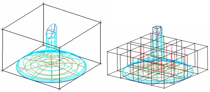 Fig 2.8:blocco tridimensionale creato                    Fig 2.9: suddivisione in blocchi necessaria      automaticamente dal programma