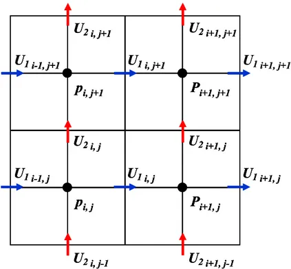 Figura 2.5 – Esempio di griglia sfalsata (staggered) in due dimensioni. 