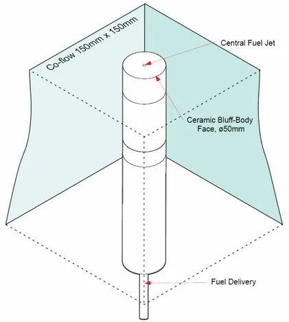 Figura 3.1 – Geometria del bruciatore e del wind tunnel per l’impianto di Sidney. 