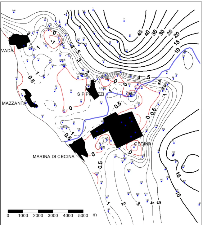 Figura 3 - Area Vada-Cecina. Situazione piezometrica dell’Ottobre 2001 (da ASA).