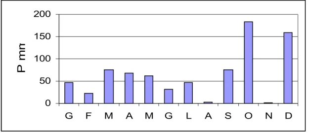 Figura 1 - Precipitazioni mensili dell'anno 2002; valori medi delle stazioni  pluviometriche della Pianura Livornese.