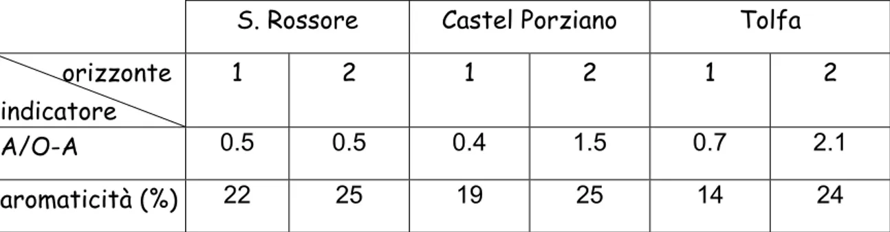 tabella 4.4 :  rapporto alchili/O-alchili e aromaticità percentuale per i primi due orizzonti dei tre  suoli esaminati.