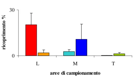 Figura 6: Ricoprimento percentuale dell’alga Meredithia mycrophilla all’interno delle tre condizioni  per ciascun sito