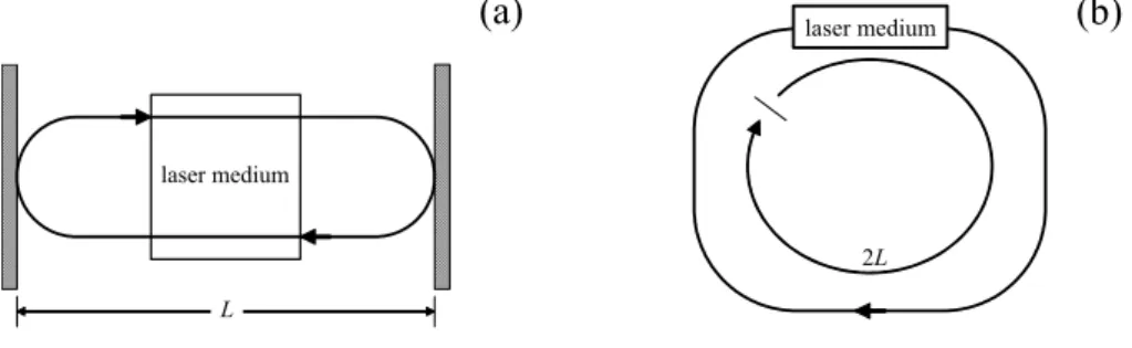 Fig. 1.7:  schema di un oscillatore lineare (a) e ad anello (b) 