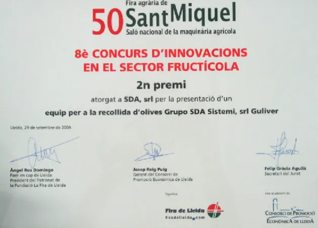 Fig. V-5     Attestato di merito quale migliore innovazione nel settore della frutticoltura in        Spagna per l’anno 2004