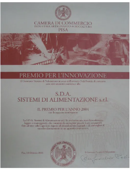 Fig. V-6     Attestato di merito, rilasciato dalla Camera di Commercio di Pisa, quale migliore  