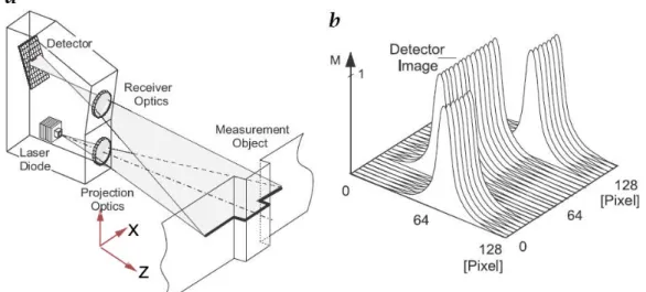 Figura 2.9  Scansione 3-D tramite strisce laser : a Digitallizzatore ottico; b immagine  acquisita dal sensore CCD