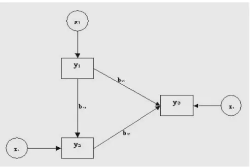 Figura 4.1 : esempio di un semplice modello di connessione; y sono le variabili osservate, le frecce unidirezionali corrispondo ai parametri della matrice B; le variabili z  rappresentano i residui di varianza che non sono spiegati dal modello