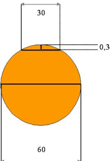 Fig. 6.4: Dimensioni della sfera per  lo stampo per ottenere un supporto  emisferico adatto di 3mm di altezza  e 30mm di diametro