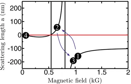 FIG. 1 (color online). Calculated scattering length a versus