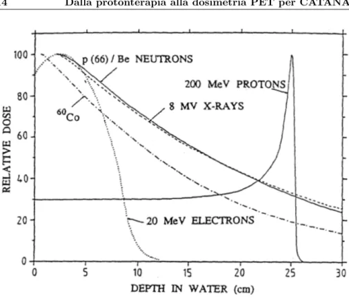 Figura 2.1: Curve dose-profondit` a in acqua per fotoni da una sorgente di cobalto e da un acceleratore lineare da 8 MV, elettroni di 20 MeV, neutroni prodotti su un bersaglio di berillio da protoni di 66 MeV, e protoni di 200 MeV.